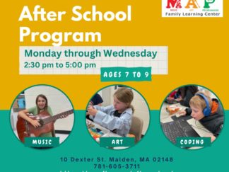 flier for afterschool program; pictures three kids: one playing guitar, another making an art project, and a third on the computer
